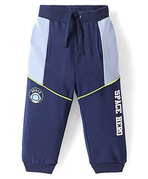 Babyhug Cotton Knit Full Length Cut & Sew Designed Lounge Pant with Text Print - Navy Blue