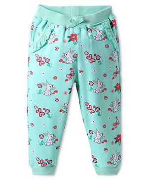 Babyhug Cotton Knit Full Length Lounge Pant with Rabbit Print - Sea Green