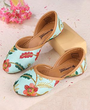Cute Walk by Babyhug Slip On Mojaris with Floral Embroidery - Sea Green