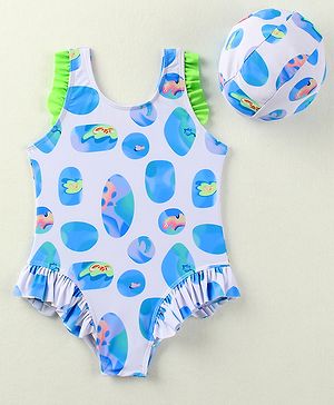 Babyhug Sleeveless  V Cut Swimsuit with Seal Life Theme Print & Cap - White