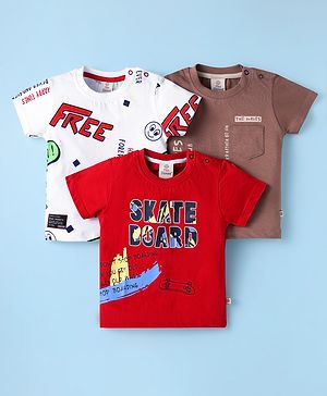 Mini Donuts Sinker Knit Half Sleeves T-Shirts with Skate Board Print Pack of 3 - Red White & Brown