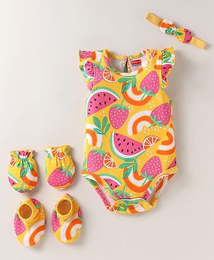 Babyhug 100% Cotton Knit Frill Sleeves Fruit Printed Onesie With Mittens Booties & Headband - Yellow