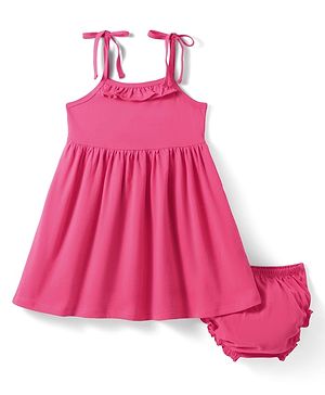 Babyhug Single Jersey Knit Singlet Sleeves Frock with Bloomer & Frill Detailing - Dark Pink
