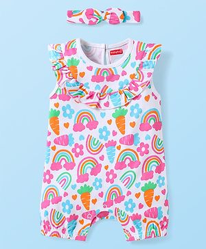 Babyhug Cotton Knit Frill Sleeves Romper & Hairband with Tropical Print - White & Pink
