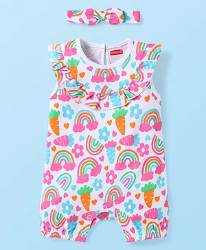Babyhug Cotton Knit Frill Sleeves
                              Romper & Hairband with Tropical Print
                              - White & Pink