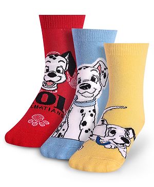 Cute Walk By Babyhug Disney Ankle Length Anti-Bacterial Socks With 101 Dalmatians Graphics Pack Of 3 - Red Light Blue & Yellow