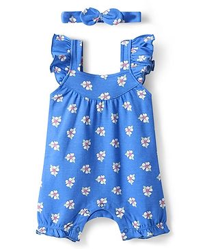 Babyhug Interlock Knit Sleeveless Romper With Floral Print & Headband - Blue