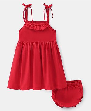 Babyhug Single Jersey Knit Singlet Sleeves Solid Color Frock & Bloomer with Frill Detailing - Red