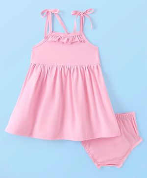 Babyhug Single Jersey Knit Singlet Sleeves Solid Color Frock & Bloomer with Frill Detailing - Baby Pink