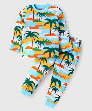 Babyhug Cotton Knit Full Sleeves Night Suit with Tropical Theme Print - Multicolor