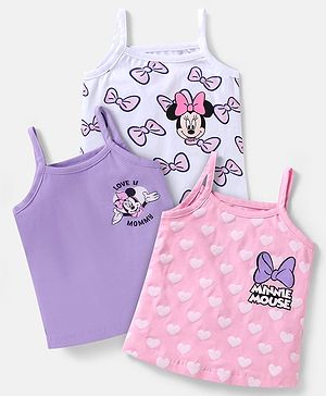 Babyhug Disney Single Jersey Knit Singlet Sleeves Slips  with Minnie Mouse Graphics Pack of 3 -White Purple & Pink
