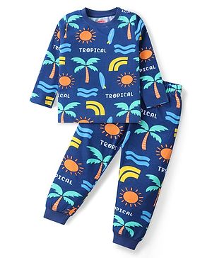 Babyhug Cotton Knit Full Sleeves Night Suit with Tropical Theme Print - Navy Blue