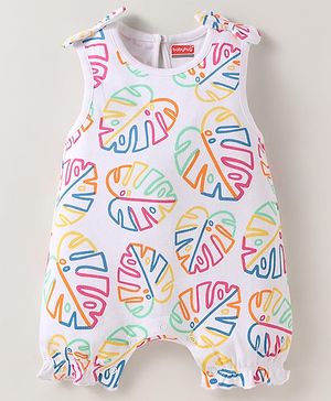 Babyhug 100% Cotton Knit Sleeveless Tropical Theme Printed Romper with Bow Applique - White
