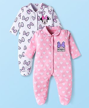 Babyhug Disney Interlock Knit Full Sleeves Minnie Mouse Graphics And Peter Pan Collar Sleep Suits Pack Of 2 - Pink & White
