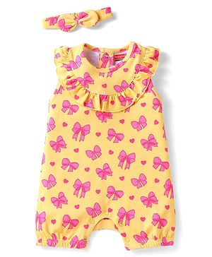 Babyhug 100% Cotton Knit Sleeveless Bow & Hearts Printed Romper with Headband - Yellow