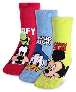 Cute Walk By Babyhug Disney Ankle Length Anti-Bacterial Socks With Mickey, Goofy And Donald Graphics Pack Of 3 - Green Red & Blue