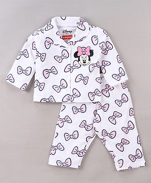 Babyhug Disney Single Jersey Knit Full Sleeves Night Suit With Minnie Mouse Print - White