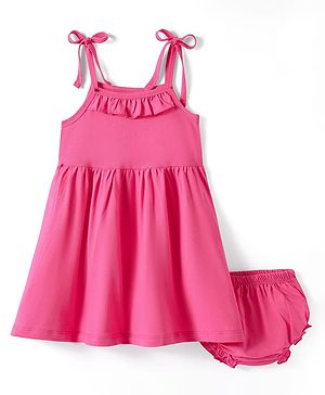 Babyhug Single Jersey Knit Singlet Sleeves Solid Frock with Bloomer - Pink