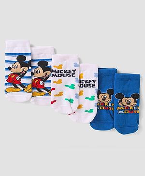 Cute Walk By Babyhug Disney Ankle Length Anti-bacterial Socks With Mickey Mouse Graphics Pack Of 3 - White & Blue