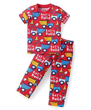 Babyhug Cotton Knit Half Sleeves Night Suit with Construction Vehicle Print - Red