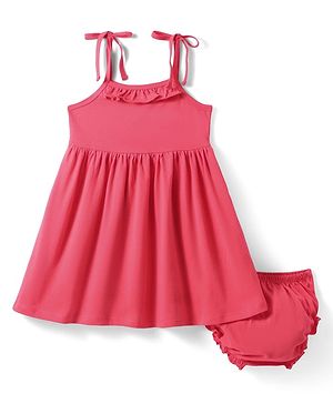Babyhug Single Jersey Knit Singlet Sleeves Frock with Bloomer & Frill Detailing - Red