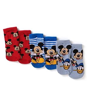 Cute Walk By Babyhug Disney Ankle Length Anti-Bacterial Socks With Mickey Mouse Graphics Pack Of 3 - Grey White & Blue