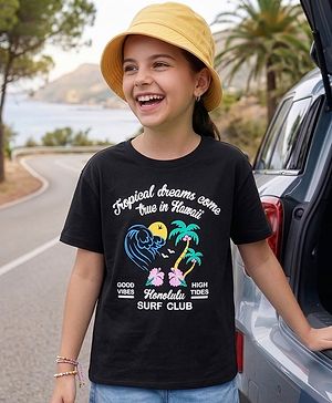 Pine Kids Cotton Knit Half Sleeves T-Shirt With Tropical Theme Text Print - Black