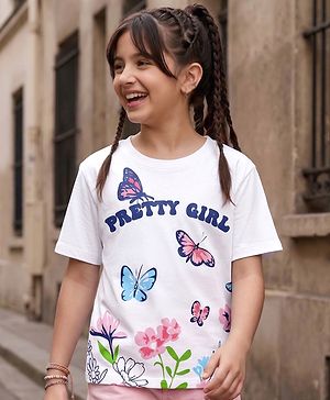 Pine Kids Cotton Knit Half Sleeves T-Shirt with Pretty Girl Text Print - White