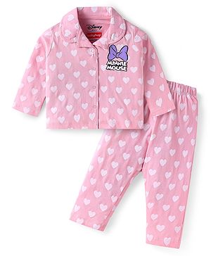 Babyhug Disney Single Jersey Knit Full Sleeves Night Suit With Hearts Print & Minnie Mouse Graphics - Pink
