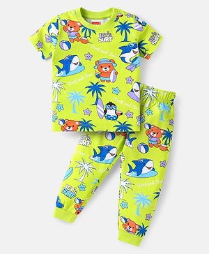 Babyhug Cotton Knit Half Sleeves Night Suit with Beach Theme Print - Light Green