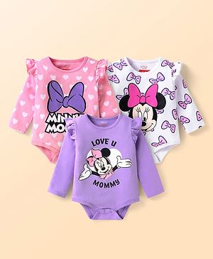 Babyhug Disney Interlock knit Full Sleeves Onesies With Minnie Mouse Graphics & Frill Detailing Pack of 3 - Purple Pink & White