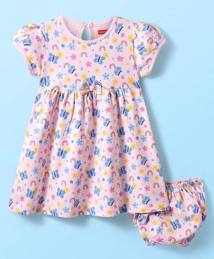 Babyhug Single Jersey Knit Half Sleeves Floral & Butterfly Printed Frock With Bow Applique & Bloomer - Pink