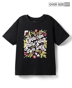 Pine Kids Cotton Knit Half Drop Shoulder Sleeves T-Shirt with Text Print - Black