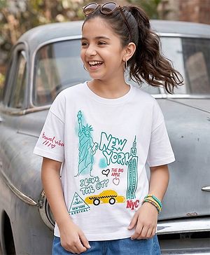 Pine Kids Cotton Knit Half Sleeves T-Shirt with New York Print - White