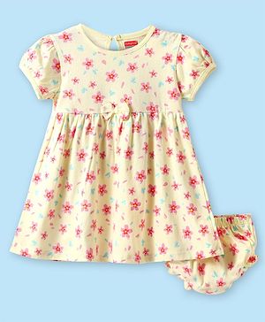 Babyhug Single Jersey Knit Half Sleeves Frock With Bloomer with Floral Print & Bow Applique - Yellow