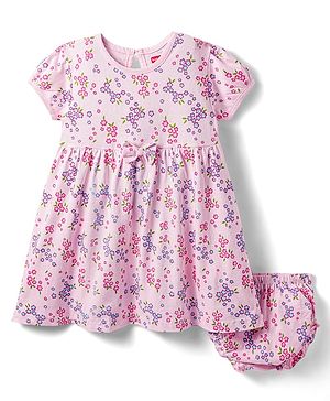 Babyhug 100% Cotton Single Jersey Knit Half Sleeves Floral Printed Frock with Bloomer & Bow Applique - Pink