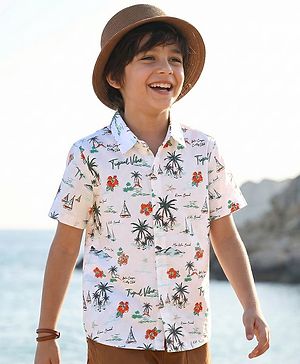 Pine Kids Cotton Knit Half Sleeves Shirt with Beach Theme Print - White