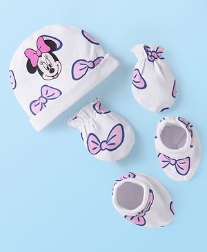 Babyhug Disney Interlock Knit Minnie Mouse Printed Cap Mittens & Booties Set -White