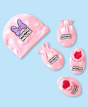 Babyhug Disney Interlock Knit Cap Mittens & Booties With Minnie Mouse Graphics - Pink
