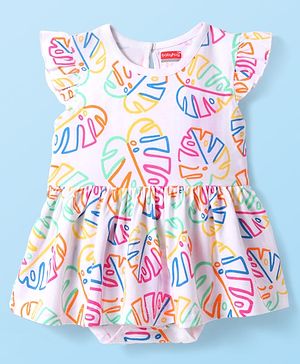 Babyhug 100% Cotton Knit Frill Sleeves Frock Style Onesie with Tropical Theme Print - White