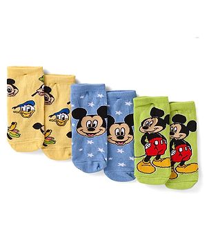Cute Walk By Babyhug Disney Ankle Length Anti-Bacterial Socks With Mickey Mouse Graphics Pack Of 3 - Yellow Green & Blue