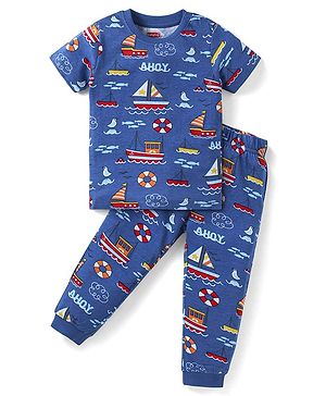Babyhug Cotton Knit Half Sleeves Night Suit with Nautical Theme Print - Navy Blue