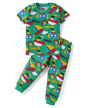 Babyhug Cotton Knit Half Sleeves Night Suit with Nautical Theme Print - Green