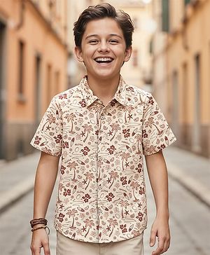Pine Kids Cotton Knit Half Sleeves Shirt With Tree Print - Beige