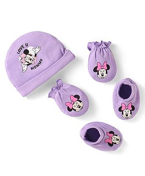 Babyhug Disney Interlock Knit Cap Mittens & Booties Set with Minnie Mouse Graphics Lavender - Diameter 10 cm