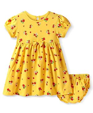 Babyhug Single Jersey Knit Half Sleeves Frock With Floral Print & Bloomer - Yellow
