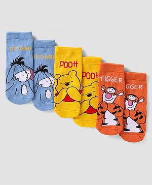 Cute Walk By Babyhug Disney Ankle Length Anti-Bacterial Socks With Winnie The Pooh Tigger Eeyore Graphics Pack Of 3 - Yellow Orange & Blue