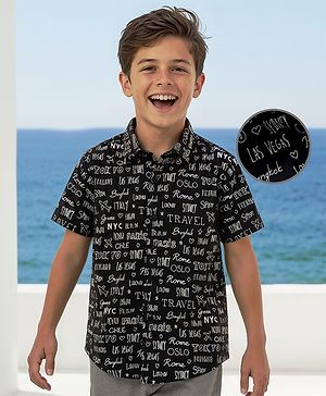 Pine Kids Cotton Knit Half Sleeves Shirt With Text Print - Black