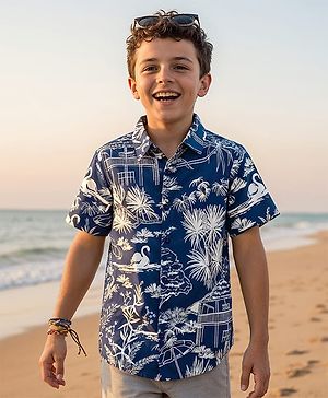 Pine Kids Cotton Knit Half Sleeves Shirt With Bird Print - Navy Blue
