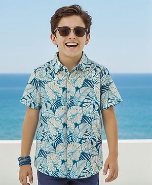 Pine Kids Cotton Knit Half Sleeves Shirt With Leaves Print - Teal Blue